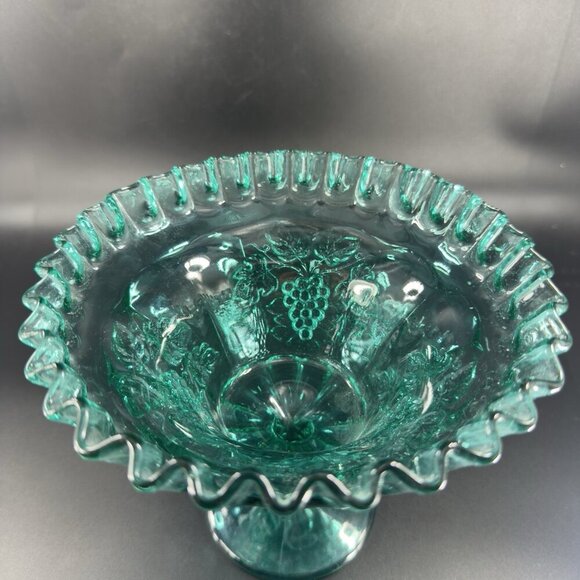 Westmoreland Laurel Green Paneled Grape Pedestal Compote Bowl Dish Wavy Edges - Picture 9 of 14
